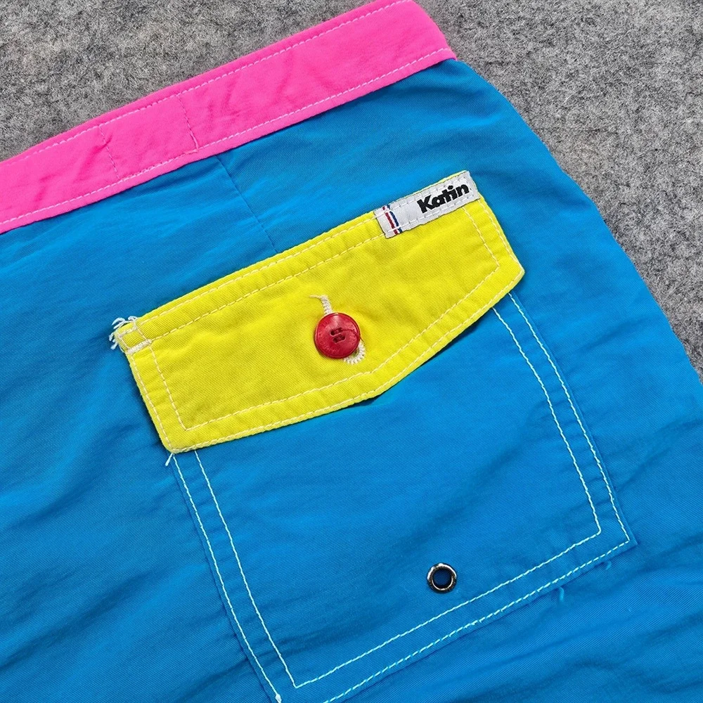 Katin Mens Board Shorts Size 32 Blue Pink Nylon Surf Trunks Made in USA Snap Fly